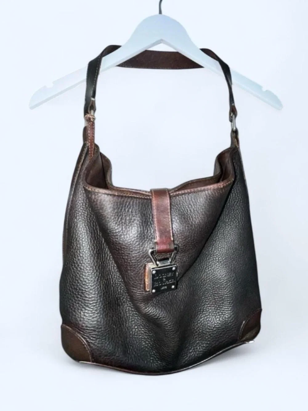 Dooney & Bourke Dark Brown Leather Hobo Bag with Front Strap Detail